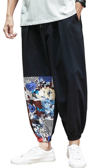 Summer New Fashion Chinese Style Printed Linen Cropped Wide-Leg Casual Pants for Men