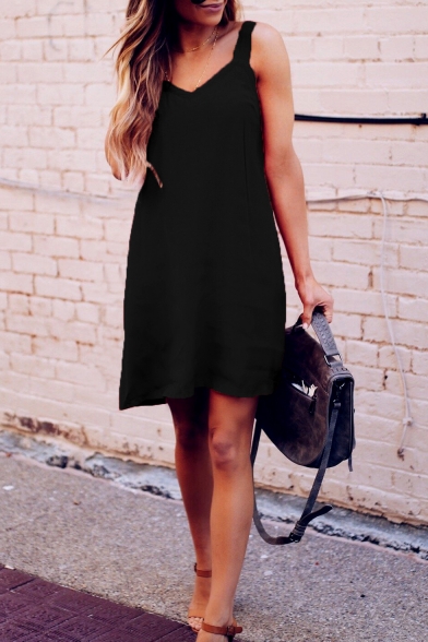 Summer Stylish Plain V-Neck Sleeveless Mini Casual Strap Dress