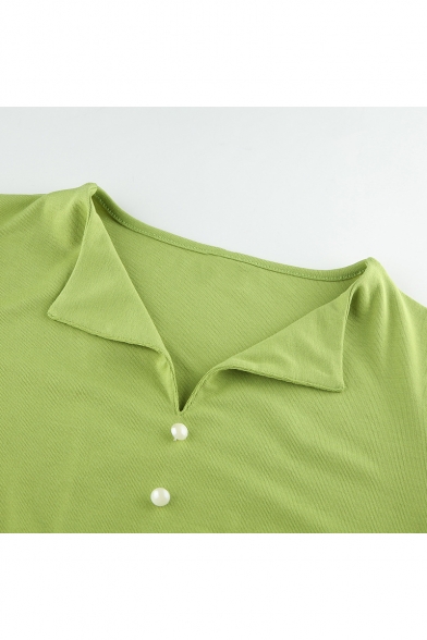 Summer Stylish Popular Avocado Green Solid Color Chic Pearl Button Lapel Collar Short Sleeve Crop Tee