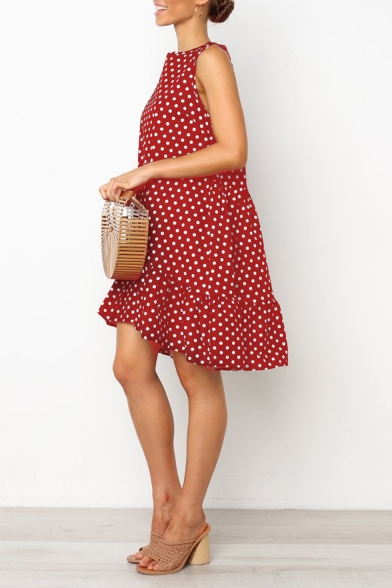 Summer Trendy Classic Polka Dot Printed Round Neck Sleeveless Swing Ruffled Tank Dress