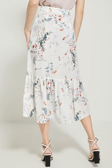 Summer Trendy High Waist White Floral Print Vintage Asymmetric Ruffle Hem Midi Skirt