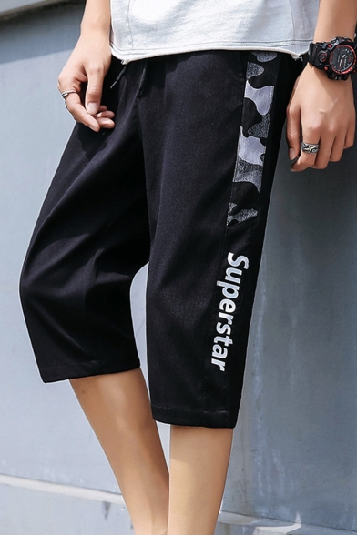 Summer Trendy Letter SUPERSTAR Camouflage Patched Side Drawstring Waist Sport Shorts