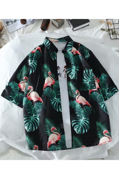 Summer Trendy Tropical Leaf Flamingo Printed Short Sleeve Black Casual Beach Shirt