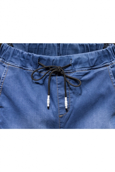 Summer Trendy Welt Back Pockets Drawstring Waist Letter Printed Side Casual Denim Shorts for Men