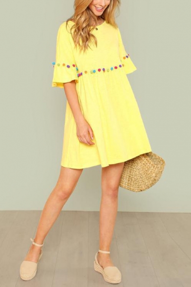 Summer Womens Fashion Pompom Embellished Round Neck Flared Sleeve Yellow Mini Smock Dress