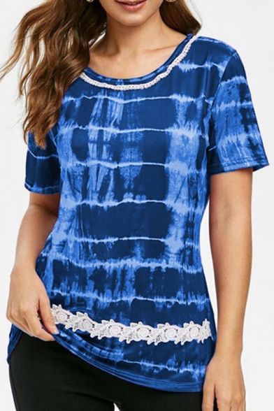 Summer Womens Fashion Tie Dye Chic Lace Patched Round Neck Short Sleeve Loose Fit T-Shirt