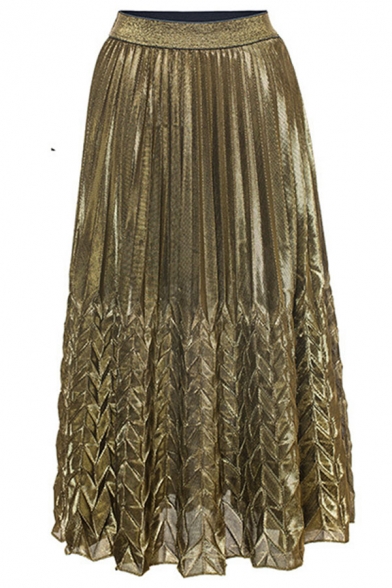Summer Womens Fitted High Waist Fishtail Hem Maxi Pleated Metallic Skirt