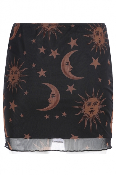 Summer Womens Sexy Cartoon Sun and Star Printed Black Sheer Mesh Mini Bodycon Skirt