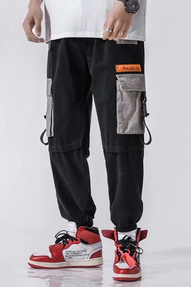 Trendy Colorblocked Buckle Strap Pocket Design Elastic Cuff Casual Loose Cargo Pants for Men