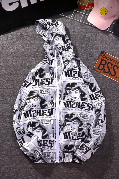 Trendy Fashion Allover Cartoon Comic Figure Printed Zip Up Hooded White Casual Sun Protection Jacket Coat