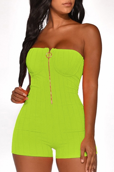 Trendy Womens Plain Strapless Sleeveless Zip-Front Sexy Bustier Rompers for Nightclub