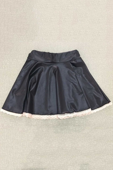 Unique Fashion High Rise Chic Lace Trimmed Mini A-Line PU Skirt