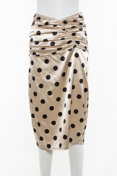 Womens Chic Polka Dot Printed Ruched Waist Midi Graceful Fitted Skirt