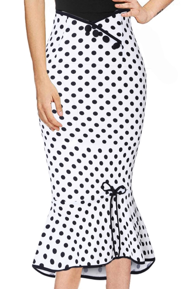 Womens Classic White Polka Dot Printed Bow-Tied Embellished Midi Bodycon Ruffled Skirt