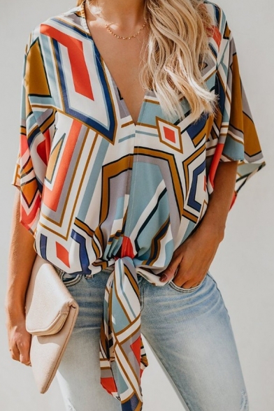 Womens Colorblock Geometric Printed V-Neck Tied Hem Casual Loose Blouse Top
