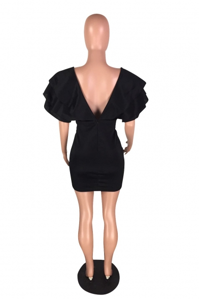 Womens Cool Fashion Sexy Plunging V-Neck Ruffled Sleeve Plain Black Mini Bodycon Dress