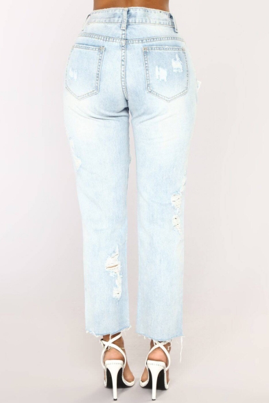 Womens Cool Street Style Light Blue Ripped Hole Straight Fit Denim Jeans