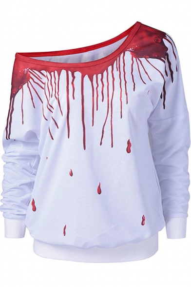 Womens Dropped Blood Printed Oblique One Shoulder Long Sleeve White Sweatshirt