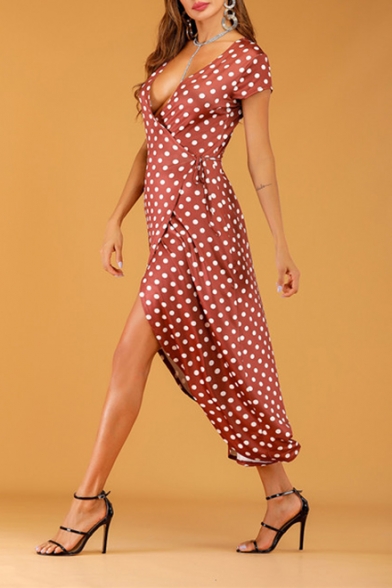 Womens Elegant Surplice V-Neck Short Sleeve Split Front Classic Polka Dot Print Maxi Wrap Dress