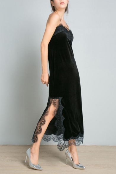 Womens Fancy Black Lace-Trimmed Split Side Maxi Velvet Slip Dress