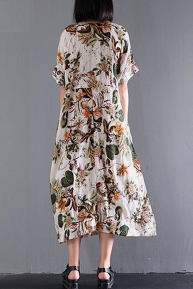 Womens Fancy Floral Pattern Round Neck Short Sleeve Maxi Casual Loose Linen Dress