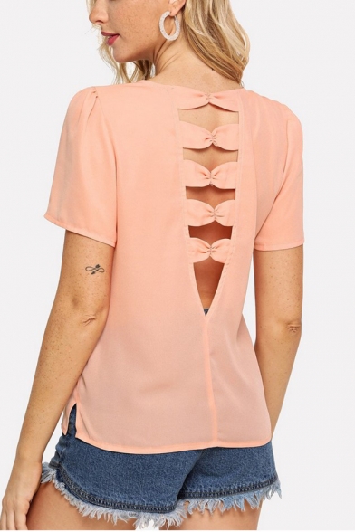 Womens Fancy Light Pink Sexy Hollow Out Back Short Sleeve Round Neck Chiffon Blouse