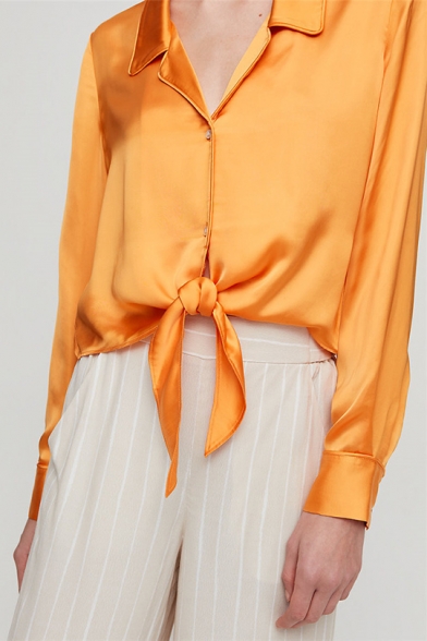 Womens Fancy Orange Simple Plain Notched Lapel Collar Long Sleeve Tied Hem Button Shirt