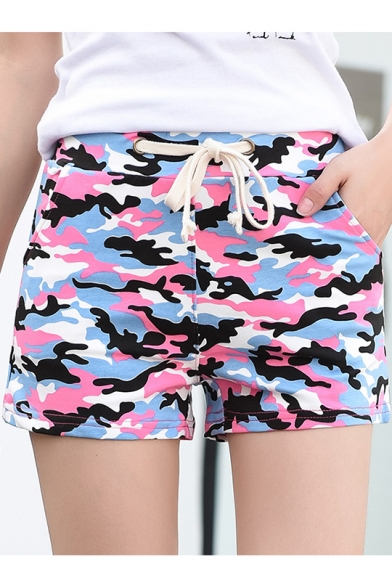 Womens Fashion Camo Printed Drawcord Waist Loose Fit Pull-On Shorts with Pocket