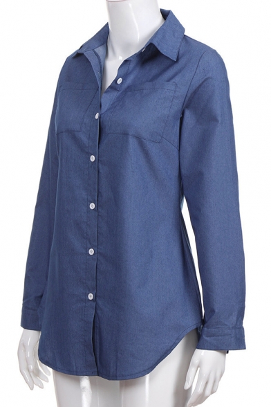 Womens Fashion Classic Plain Blue Long Sleeve Button Down Casual Chambray Shirt