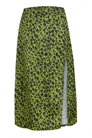 Womens Fashion Green Leopard Printed Split Side Midi Sexy Skirt