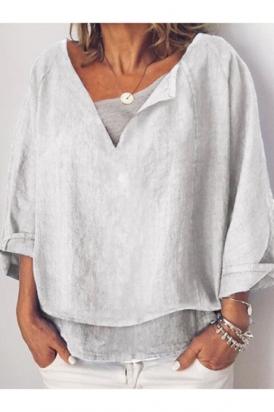 Womens Fashion V Neck Simple Plain Rolled Sleeve leisure Cotton and Linen Blouse