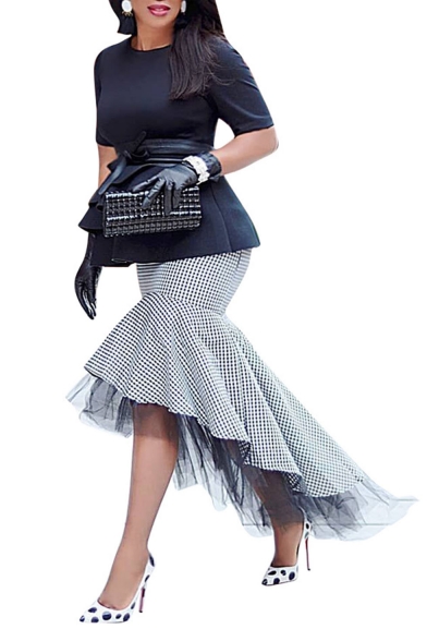 Womens Hot Fashion Chic Black Check Print Mesh Fishtail Hem Midi Skirt
