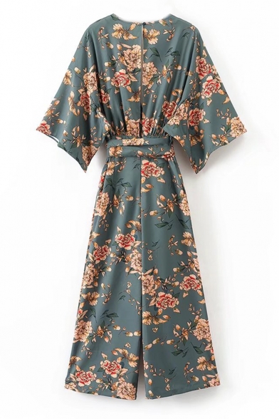 floral print plunge kimono dress