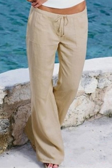 Womens Hot Popular Plain Tie-Self Loose Leisure Loungewear Flared Pants