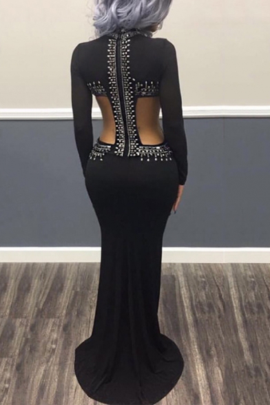 Womens Sexy Cut Out Waist Chic Beading Embellished Mesh Long Sleeve Black Floor Length Bodycon Night Club Dress