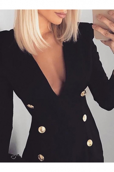 Womens Sexy Plunging V-Neck Long Sleeve Plain Black Double-Breasted Mini Fitted Blazer Dress