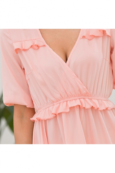 Womens Simple Plain Fashion Ruffled Hem V-Neck Short Sleeve Mini A-Line Dress