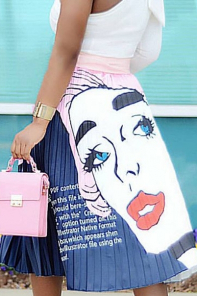 Womens Stylish Comic Figure Printed Elastic Waist Midi A-Line Pleated Skirt