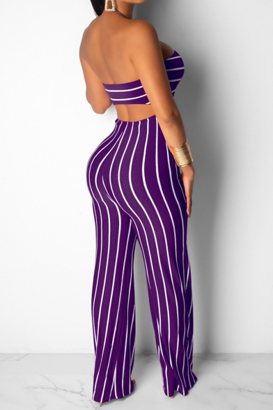 Womens Stylish Strapless Sleeveless Hollow Out Striped Print Gather Waist Wide Legs Fitted Jumpsuits