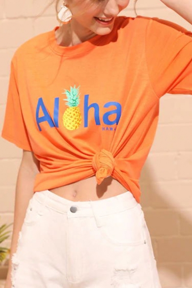 Womens Summer Girls Fashion Orange Letter Pineapple Print Short Sleeve Casual Tee