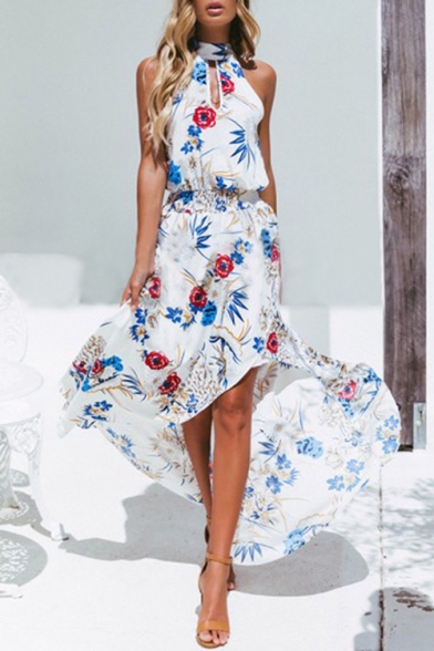 Womens Summer Holiday Fashion Floral Printed Sleeveless Split Front Maxi Beach Dress