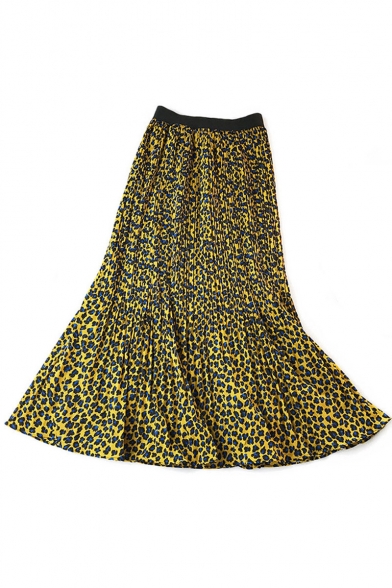 Womens Summer Hot Popular Leopard Print Elastic High Waist Pleated Maxi Skirt