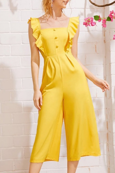 Womens Summer New Trendy Yellow Ruffled Trim High Waist Wide-Leg Holiday Jumpsuits