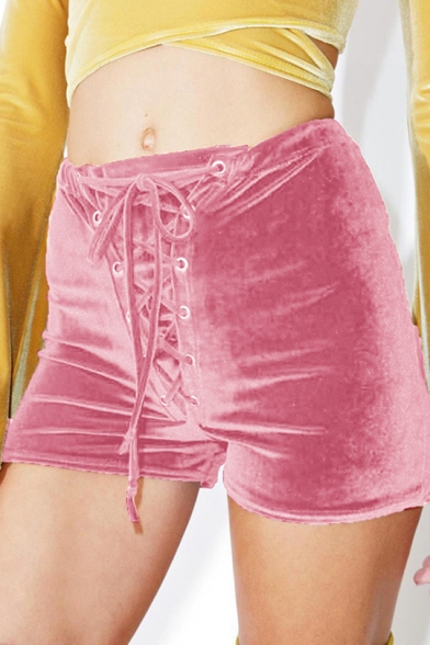 Womens Summer Stylish Simple Plain Lace-Up Front Skinny Fit Velvet Shorts