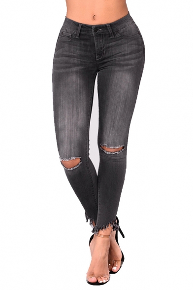 Womens Trendy Black Ripped Knee Cut Raw Hem Skinny Fit Jeans