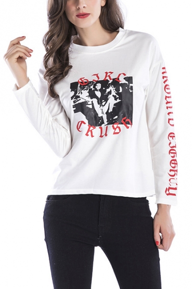 Womens Trendy Figure Letter Print Crewneck Long Sleeve Pullover Sweatshirt