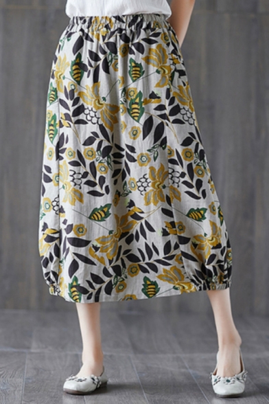Womens Trendy Floral Leaf Pattern Elastic Waist Midi Lantern Skirt