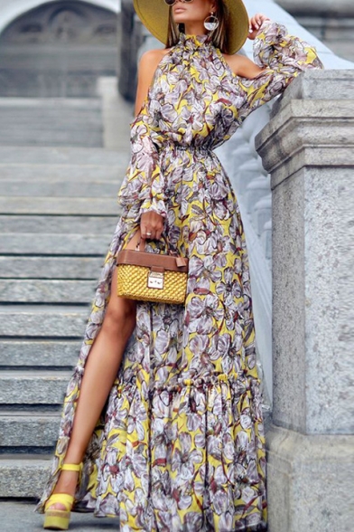 Womens Trendy Halter Neck 3/4 Length Sleeve High Waist Floral Print Flare Elegant Dress