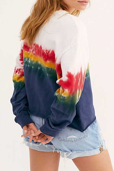 Womens Trendy Rainbow Color Block Round Neck Long Sleeve White Pullover Sweatshirt
