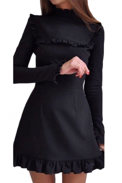 Womens Unique Fashion Simple Plain Chic Ruffled Hem Long Sleeve Mini A-Line Dress